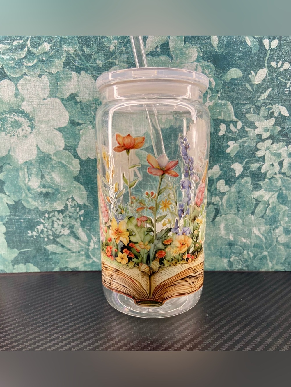 Floral Garden Clear Tumbler with Straw - Multicolor